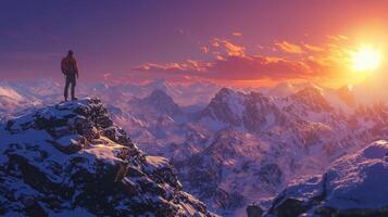 A man standing on top of a mountain at sunset photo