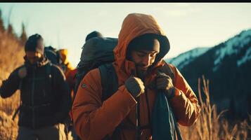 A group of people wearing backpacks and jackets photo