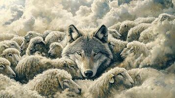 A wolf is surrounded by sheep in a field photo