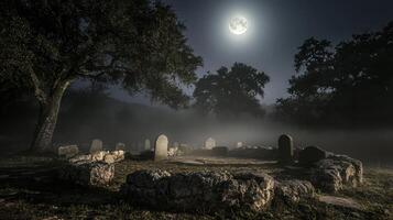A graveyard with tombstones and a full moon photo