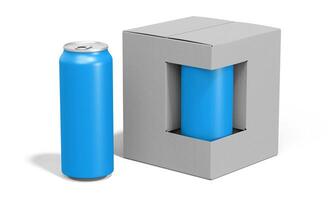 A blue can and a cardboard box on a white background photo