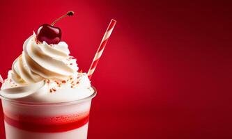 A milkshake with whipped cream and cherry on a red background photo