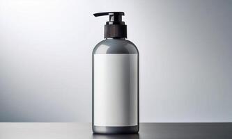 A bottle of soap with a black pump on a table photo