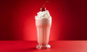 A milkshake with whipped cream and cherry on a red background photo