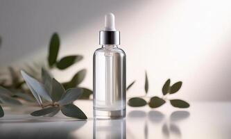 A bottle of clear liquid sitting on a table with eucalyptus leaves photo