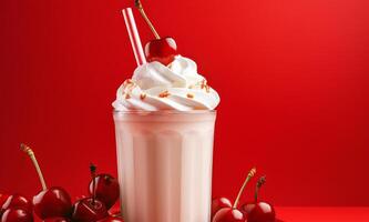 A milkshake with whipped cream and cherries on a red background photo