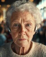 Elderly woman with headphones in a cozy setting, exuding wisdom and tranquility, focusing intently. photo