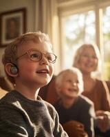 Joyful family moment with a smiling child wearing glasses and a hearing aid, bonding indoors during golden hour. photo