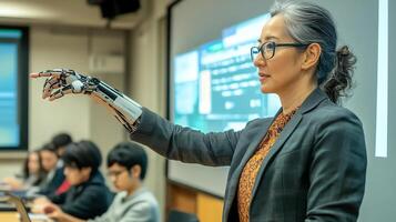 A teacher with a robotic arm points during a lecture, engaging students in a high-tech classroom environment. photo
