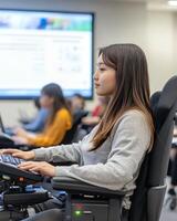 Focused individuals working on computers in a classroom setting, showcasing modern educational technology. photo