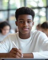 Focused student in classroom with pen, studying intently and prepared for learning. Bright environment encouraging education. photo