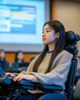 Focused person in a classroom setting, learning with technology, illustrating education inclusivity. photo