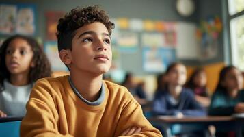Focused child in classroom setting, looking attentive and engaged, surrounded by classmates in a bright learning environment. photo
