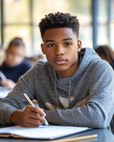 Focused student in a library, writing notes with concentration and determination in a vibrant, sunny study environment. photo