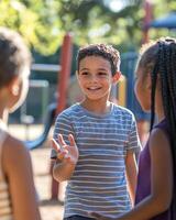 Group of joyful children playing and socializing at a sunny playground. Smiling faces, friendly interaction in the outdoor setting. photo