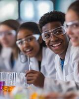 Students in lab coats and safety goggles conduct experiments, fostering curiosity and teamwork in a vibrant classroom setting. photo