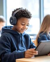 Smiling child wearing headphones, using a tablet in a bright classroom setting. Focused on learning and technology. photo