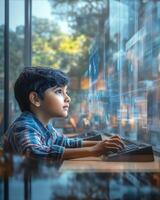 Young boy immersed in futuristic technology, exploring virtual screens in a modern setting. photo