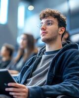 Young man attentively listening to a lecture in a modern classroom setting, holding a tablet. Educational and inspiring setting. photo