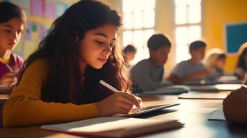 Young student focused on writing in a classroom setting with peers, basked in warm sunlight through windows. photo