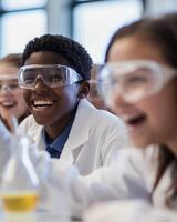 Students enjoying a science experiment in lab, wearing goggles and lab coats, showcasing teamwork and discovery. photo