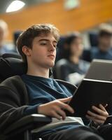 Young man in lecture hall, focused on digital tablet, learning and education, modern classroom setting. photo