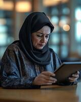 Woman in a hijab intently reading on a tablet at a cozy cafe, reflecting modern lifestyle and technology. photo