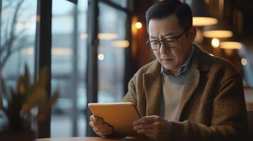 Man reading on a tablet in a cozy cafe setting, focused and thoughtful, surrounded by warm lighting. photo