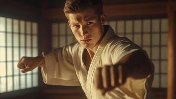Martial artist practicing a powerful punch in a traditional dojo setting, focusing on precision and strength. photo
