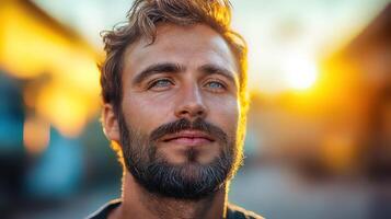 A man with a beard and a beard looking up photo