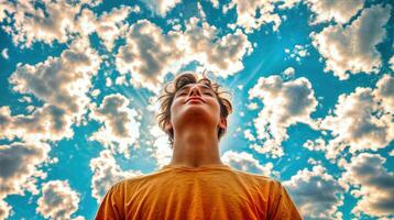 A man is looking up at the sky with clouds in the background photo