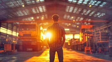 A man standing in front of a warehouse with the sun setting photo