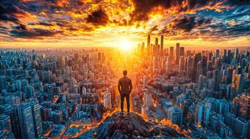 Man standing on top of a mountain looking at the city at sunset photo