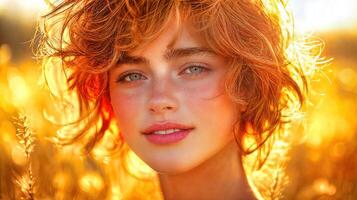 A woman with red hair in a field photo