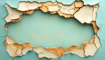 A hole in the wall with peeling paint photo