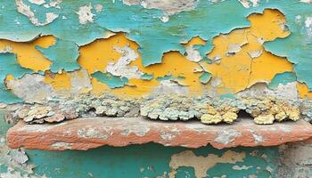 A wall with peeling paint and yellow and blue paint photo