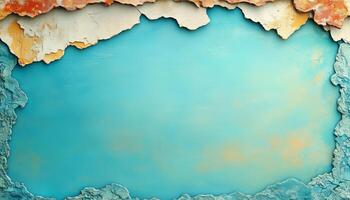A blue and orange painted wall with a hole in it photo