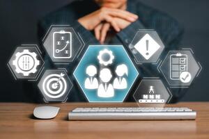 Digital interface showcasing operations management with business icons for efficient workflow and strategic planning. photo