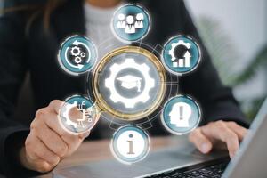 Visual representation of knowledge management with digital icons, highlighting business strategy and innovation in modern organizations. photo