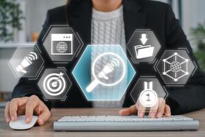 Visual representation of search engine marketing with digital icons and analytics symbols. photo