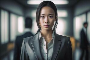 Smart working woman with a business suit is standing and posting in front of a blur office environment background. 119 photo