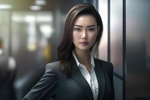 Smart working woman with a business suit is standing and posting in front of a blur office environment background. 117 photo