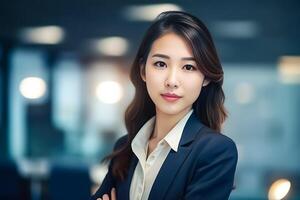 Smart working woman with a business suit is standing and posting in front of a blur office environment background. 133 photo
