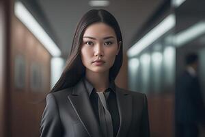 Smart working woman with a business suit is standing and posting in front of a blur office photo