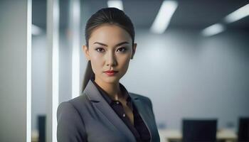 Smart working woman with a business suit is standing and posting in front of a blur office environment background. 11 photo