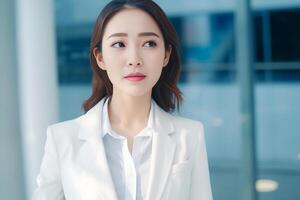 Smart working woman with a business suit is standing and posting in front of a blur office environment background. 123 photo