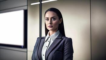 Smart working woman with a business suit is standing and posting in front of a blur office environment background. 16 photo