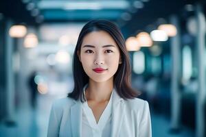 Smart working woman with a business suit is standing and posting in front of a blur office environment background. 134 photo