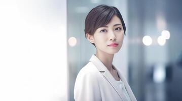 Smart working woman with a business suit is standing and posting in front of a blur office environment background. 125 photo