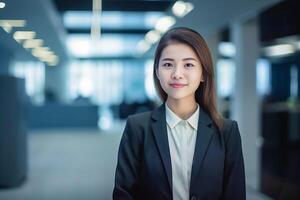 Smart working woman with a business suit is standing and posting in front of a blur office environment background. 128 photo